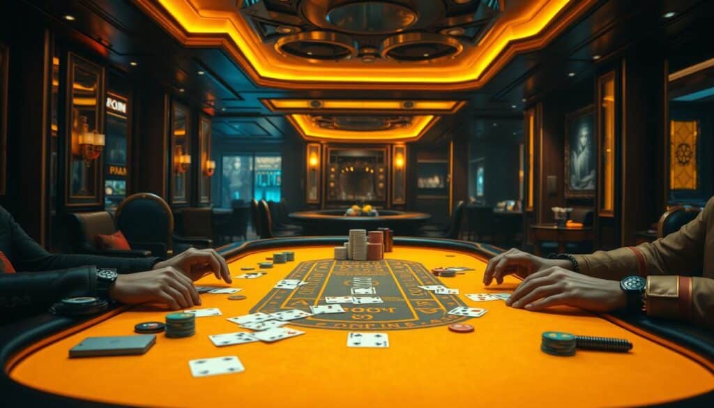 A high-stakes baccarat game table set against a dimly lit, luxurious casino interior. The table surface is illuminated by warm, golden lighting, creating a moody, atmospheric ambiance. Playing cards, casino chips, and other gaming accessories are meticulously arranged, suggesting an intense real-time analysis of the game's progress. The camera angle is slightly elevated, offering a comprehensive view of the table and the players' hands. The overall scene conveys a sense of tension, excitement, and the thrill of the baccarat experience.