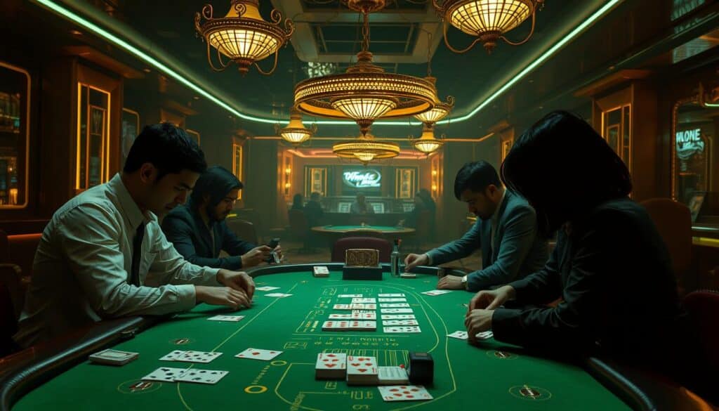 A high-stakes baccarat game unfolding on a lush, green felt table in a dimly lit casino. The players, faces obscured by shadows, lean in with intense focus as the dealer expertly shuffles the cards. Neon-lit chandeliers cast a warm, atmospheric glow, highlighting the intricate gold-and-silver trimmings of the table and surrounding decor. The air is charged with anticipation, as the players await the reveal of the game's special mode, a rare opportunity to dramatically increase their winnings. The scene exudes a sense of exclusivity, sophistication, and the thrill of high-stakes gambling.