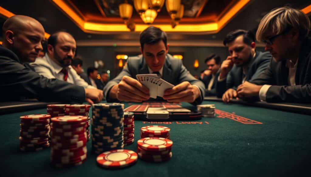 A high-stakes baccarat game unfolds on a felt-covered table, illuminated by warm overhead lighting. In the foreground, poker chips in various denominations are stacked neatly, ready for strategic wagering. The middle ground features the dealer's hands expertly shuffling a deck of cards, their movements precise and practiced. In the background, the players lean in, their faces a mix of concentration and anticipation, as they study the unfolding game. The atmosphere is intense, with a sense of calculated risk and potential reward. The image should convey the thrill and complexity of baccarat gameplay, without any distracting text or overlays.