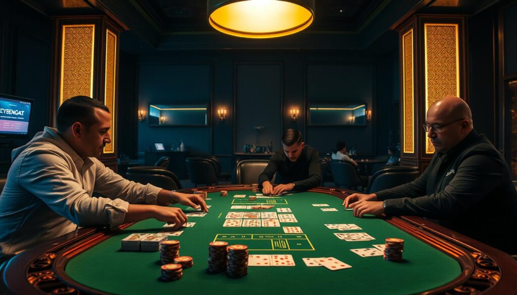 A high-stakes baccarat game unfolds on a green felt table, the cards and chips meticulously arranged. Overhead, a warm spotlight casts a soft glow, highlighting the tension and concentration on the players' faces. The table's edges are adorned with ornate woodwork, creating a sense of elegance and exclusivity. In the background, a dimly lit room with plush seating and discreet service stations sets the stage for an immersive, high-stakes gaming experience. The scene conveys the thrill of probability calculations and strategic decision-making that define the essence of the baccarat game.