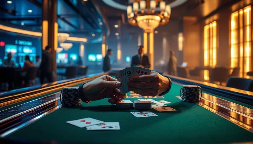 A high-stakes baccarat game unfolds on a sleek, glass-topped table, surrounded by a dimly lit, modern casino setting. Soft light filters through the room, casting a warm, inviting glow. In the foreground, a player's hands confidently shuffle and arrange the cards, showcasing the strategic elegance of online baccarat gameplay. The middle ground features the baccarat table itself, its green felt surface contrasting with the polished wood and metal accents. In the background, the hazy silhouettes of other players and dealers create an atmosphere of focused intensity, hinting at the thrill and challenge of mastering online baccarat techniques.