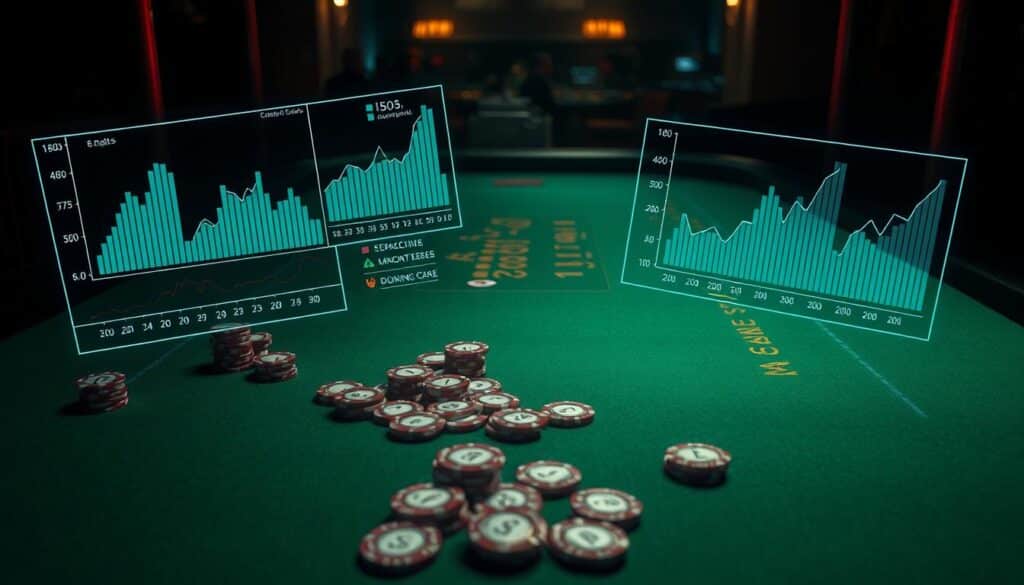 A high-stakes baccarat table against a dimly lit casino backdrop, the green felt radiating a subtle glow. Analytics charts and probability graphs float mid-air, illuminating the table's statistics and odds. An array of casino chips in various denominations are scattered across the surface, conveying the strategic nature of the game. The lighting is moody and dramatic, creating an atmosphere of intense concentration and calculated risk. The camera angle is positioned slightly above the table, giving a bird's-eye view of the gameplay and analysis. Overall, the image reflects the cerebral challenge of understanding baccarat's win rates and leveraging that knowledge to improve one's chances of success.
