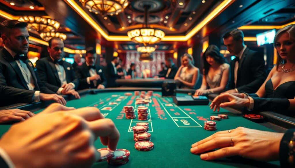 A high-stakes baccarat table against a dimly lit casino backdrop, the green felt surface gleaming under warm, dramatic lighting. Elegant players in tuxedos and gowns strategically place their chips, expressions focused as they contemplate their next move. The air is charged with anticipation, the sound of shuffling cards and the click of chips creating a symphony of casino ambiance. In the foreground, a pair of hands deftly arrange bets, showcasing the calculated techniques of a seasoned baccarat player. The scene exudes an aura of sophistication, risk, and the promise of potential winnings, capturing the essence of the optimal baccarat betting strategies.