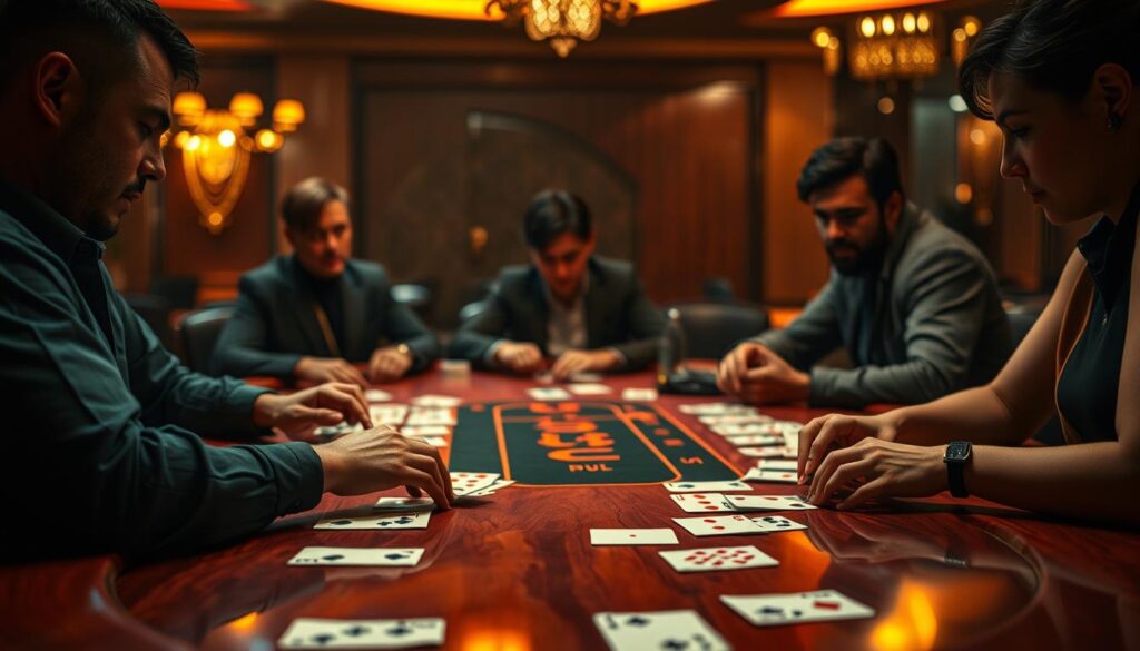 A high-stakes baccarat table illuminated by warm, focused lighting, capturing the intensity and concentration of the players as they study the unfolding trends of the game. The rich, polished wood of the table contrasts with the subdued, atmospheric lighting, creating a sense of drama and anticipation. In the foreground, the cards are dealt with precision, while in the background, the players' expressions convey their understanding of the ebb and flow of the game. The scene is captured with a shallow depth of field, drawing the viewer's attention to the pivotal moments of decision-making that define the trajectory of the baccarat session.