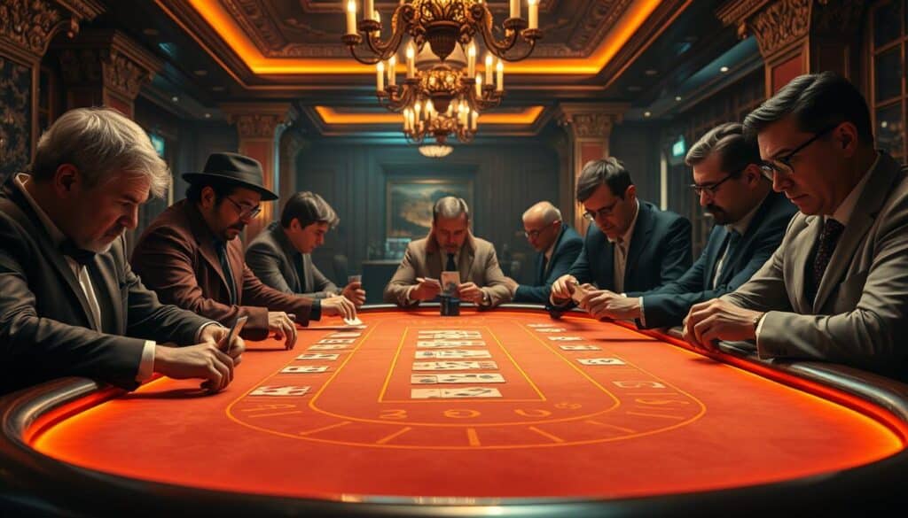 A high-stakes baccarat table illuminated by warm, soft lighting, with a classic felt surface and elegant wooden edges. The table is surrounded by a group of focused, contemplative players, each studying their cards intently, their expressions a mix of concentration and anticipation. In the background, the dim, ornate decor of a prestigious casino sets the mood, hinting at the thrill and intrigue of the game. The composition highlights the strategic nature of baccarat, inviting the viewer to imagine the carefully considered moves and calculations of the players as they strive to gain the upper hand.