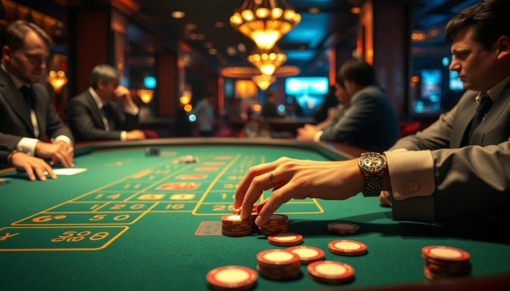 A high-stakes baccarat table in a dimly lit casino, the green felt surface bathed in warm, golden lighting. In the foreground, a player's hands delicately arranging betting chips, methodically planning their next move. The table is flanked by attentive dealers, their faces bearing an air of professionalism. In the background, the hazy silhouettes of other players, their focus intense as they study the unfolding game. The scene conveys the tension and calculated strategy of an experienced baccarat player, poised to execute their refined betting strategy with precision.