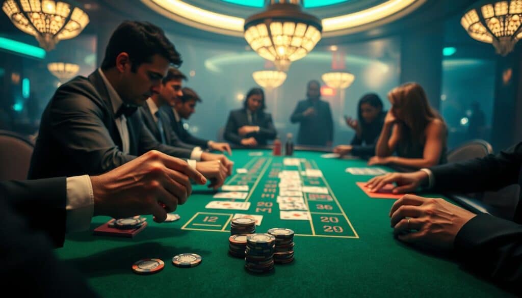 A high-stakes baccarat table in a dimly lit casino, the green felt surface illuminated by soft overhead lighting. The dealer's hands expertly shuffle the cards, the players leaning in with intense focus. In the foreground, a player's hands hold a few casino chips, contemplating their next move. The background is hazy, with the silhouettes of other gamblers watching intently. The scene exudes an air of anticipation and calculated risk-taking, capturing the essence of the baccarat gaming experience.