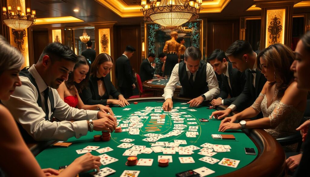 A high-stakes baccarat table in a luxurious casino, the green felt surface scattered with playing cards and casino chips. A dealer in a crisp white shirt and black vest oversees the game, his hands expertly shuffling and dealing the cards. The players, dressed in elegant evening attire, lean forward intently, studying the patterns and trends of the cards, their expressions a mix of concentration and anticipation. Soft, warm lighting casts a sophisticated glow over the scene, creating an atmosphere of high-stakes excitement and strategic decision-making. The table is the focal point, surrounded by the hushed murmurs of the other players, all engaged in the timeless art of baccarat card analysis.