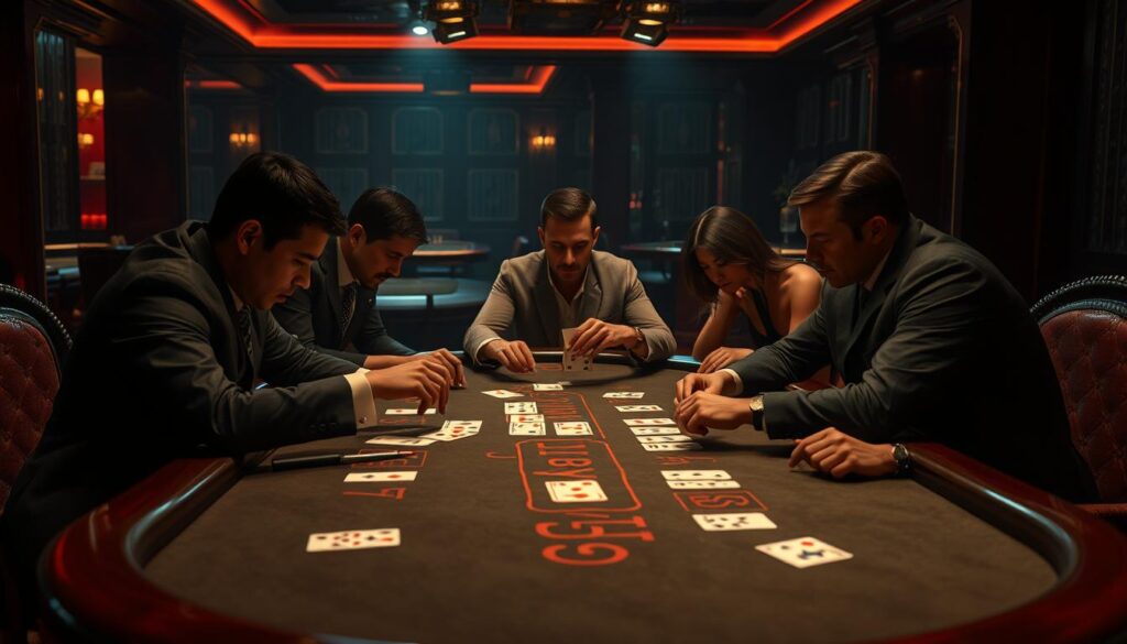 A high-stakes baccarat table set against a dimly lit casino backdrop, with rich mahogany furniture and a subtle lighting scheme that casts dramatic shadows. On the felt tabletop, a dealer expertly shuffles and deals the cards, their movements precise and calculated. Players lean in, their expressions intense, as they scrutinize their cards and consider their next strategic move. The atmosphere is one of focus and anticipation, reflecting the nuanced techniques and decision-making required to navigate the complexities of the baccarat game.