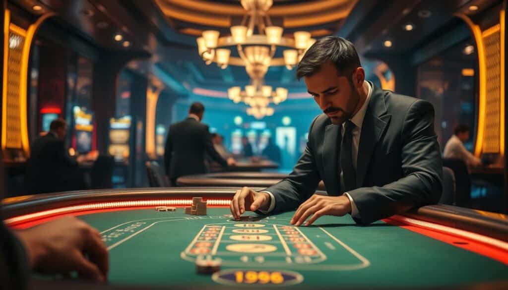 A high-stakes baccarat table set against a dimly lit casino interior, with a focused businessman in a suit carefully managing his betting chips and studying the game intently. Soft, golden lighting illuminates the table's green felt surface, creating an atmosphere of tension and strategic decision-making. In the background, the faint silhouettes of other players and the hum of casino activity create a sense of the importance of prudent bankroll management in this fast-paced, high-stakes environment.