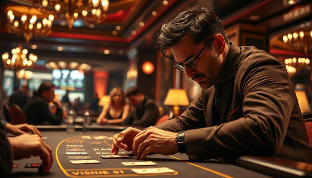 A high-stakes baccarat table set against a dimly lit, elegant casino interior. In the foreground, a seasoned player leans forward intently, studying the cards dealt with a calculating gaze. Soft, warm lighting casts dramatic shadows, heightening the tension of the moment. The middle ground reveals other players gathered around the table, their expressions a mix of focus and anticipation. In the background, the hushed atmosphere is punctuated by the subtle chatter of casino ambiance, creating an immersive, cinematic scene. The overall mood evokes a sense of strategy, skill, and the thrill of high-stakes gambling.