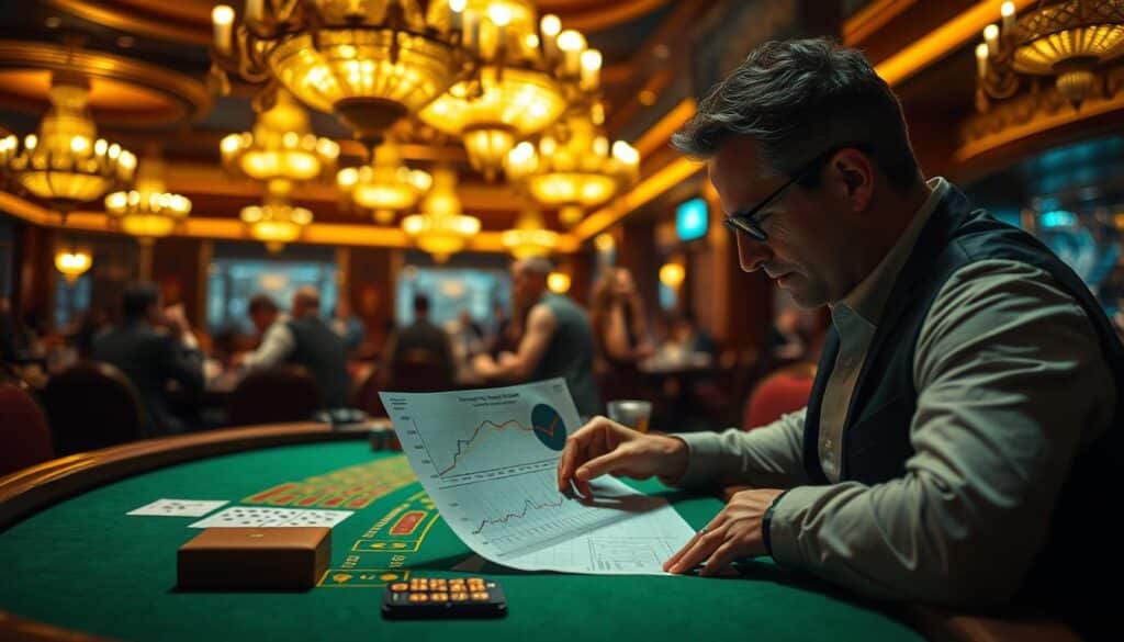 A high-stakes baccarat table set against a dimly lit, opulent casino interior. In the foreground, a player intently studies a chart displaying historical trends and patterns, meticulously analyzing the ebb and flow of the game. The table's green felt surface reflects the warm glow of overhead chandeliers, creating an air of sophistication and strategic calculation. The background features a blurred view of other players engaged in the thrill of the game, while a palpable sense of tension and anticipation fills the air. The scene conveys the application of trend analysis to gain a competitive edge in the fast-paced world of baccarat, where fortunes can be won or lost with each dealt card.