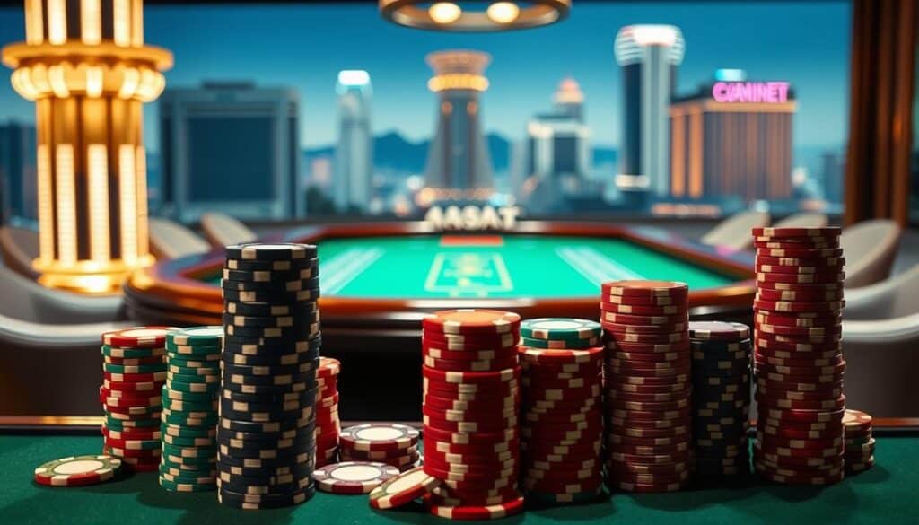 A high-stakes baccarat table set against a dramatic backdrop. In the foreground, stacks of colorful casino chips, each one a symbol of the player's strategy and risk-taking. Subtle lighting casts shadows, creating an air of tension and anticipation. The middle ground features the baccarat table itself, its green felt surface gleaming under polished wood trim. In the background, a blurred cityscape suggests the bustling atmosphere of a casino resort. The scene conveys the careful management of one's betting capital, the delicate balance of luck and skill that defines the game of baccarat.