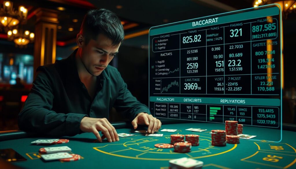 A high-stakes baccarat table set against a luxurious casino backdrop, with a focused player analyzing the cards and chips on the felt. Dramatic lighting casts long shadows, creating an intense, strategic atmosphere. The player's face is determined, their gaze fixed on the game, seeking the key factors to boost their win rate. In the foreground, a detailed visualization of baccarat gameplay statistics and probability calculations hovers, offering insights to guide the player's decisions. The overall scene conveys the essence of mastering the game through data-driven analysis and unwavering concentration.