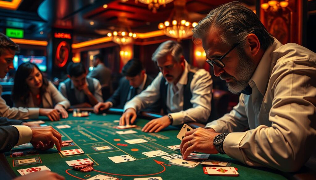 A high-stakes baccarat table set against a luxurious casino backdrop, with warm lighting and a sense of intrigue. The table surface is a rich green felt, meticulously maintained, and the cards are being dealt by a croupier in a crisp white shirt. Players lean in, their expressions a mix of concentration and anticipation, as they strategize their next moves. The atmosphere is electric, with the occasional sound of chips clinking and hushed whispers of betting strategies. In the foreground, a seasoned player scrutinizes the cards, applying a methodical, analytical approach honed through years of experience. This image captures the essence of baccarat mastery - the thrill of the game, the calculated risk, and the pursuit of the ultimate winning strategy.