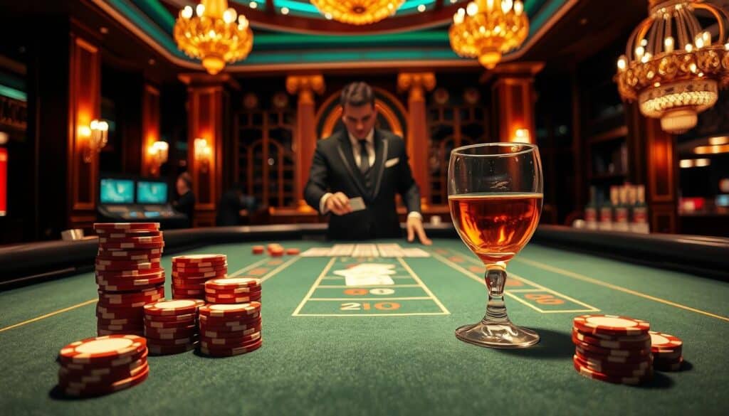A high-stakes baccarat table set against a luxurious casino backdrop. The table's green felt surface is illuminated by warm, focused lighting, creating a sense of drama and anticipation. Carefully stacked casino chips and a pair of elegant crystal glasses filled with amber liquid occupy the foreground, hinting at the strategic, data-driven decisions made by the skilled player. In the middle ground, a dealer in a sharp black suit deals the cards with precision, while in the background, the grand architecture of the casino exudes an air of exclusivity and wealth. The overall scene conveys an atmosphere of calculated risk-taking, where data and experience guide the pursuit of the perfect baccarat play.