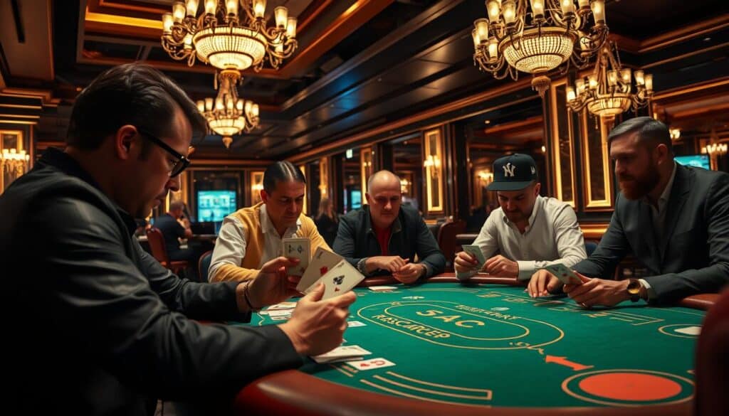 A high-stakes baccarat table set against a luxurious casino interior, with elegant chandeliers casting a warm glow. Players intently study their cards, expressions revealing both anticipation and calculated caution. The table's green felt surface is adorned with the iconic baccarat markings, highlighting the importance of strategic resource management. A sense of concentration and discipline pervades the scene, underscoring the pivotal role of bankroll control in navigating the game's inherent risks and opportunities.