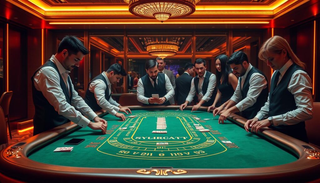 A high-stakes baccarat table set against a sleek, modern casino backdrop. The green felt tabletop is adorned with ornate gold trim, creating an air of sophistication. Dealers in crisp white shirts and black vests stand at the ready, their hands expertly shuffling cards. The warm, amber lighting casts a inviting glow, drawing the viewer's gaze to the alluring gameplay unfolding. Smartly dressed players lean in, their faces alight with anticipation as they place their bets. The scene exudes an atmosphere of excitement and the promise of big payouts for the savvy player. A high-class, high-stakes casino experience captured in vivid detail.