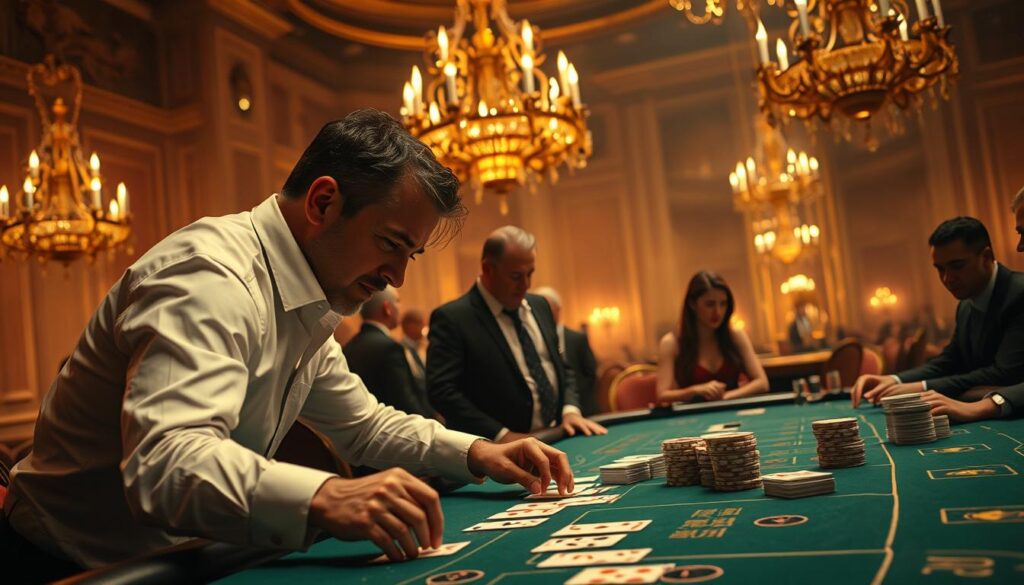 A high-stakes baccarat table set in an opulent casino, bathed in warm, golden lighting. On the green felt surface, a dealer in a crisp white shirt deftly shuffles and deals the cards. In the foreground, a seasoned player leans intently over the table, deep in concentration as they study the cards, their expression conveying a mixture of focus and determination. Nearby, other players watch with rapt attention, tension and anticipation palpable in the air. The background is shrouded in a hazy, atmospheric glow, with the ornate chandeliers and gilded decorations creating a sense of sophistication and exclusivity. The overall scene evokes the high-stakes, strategic nature of the baccarat game and the pursuit of the elusive "winning secret".
