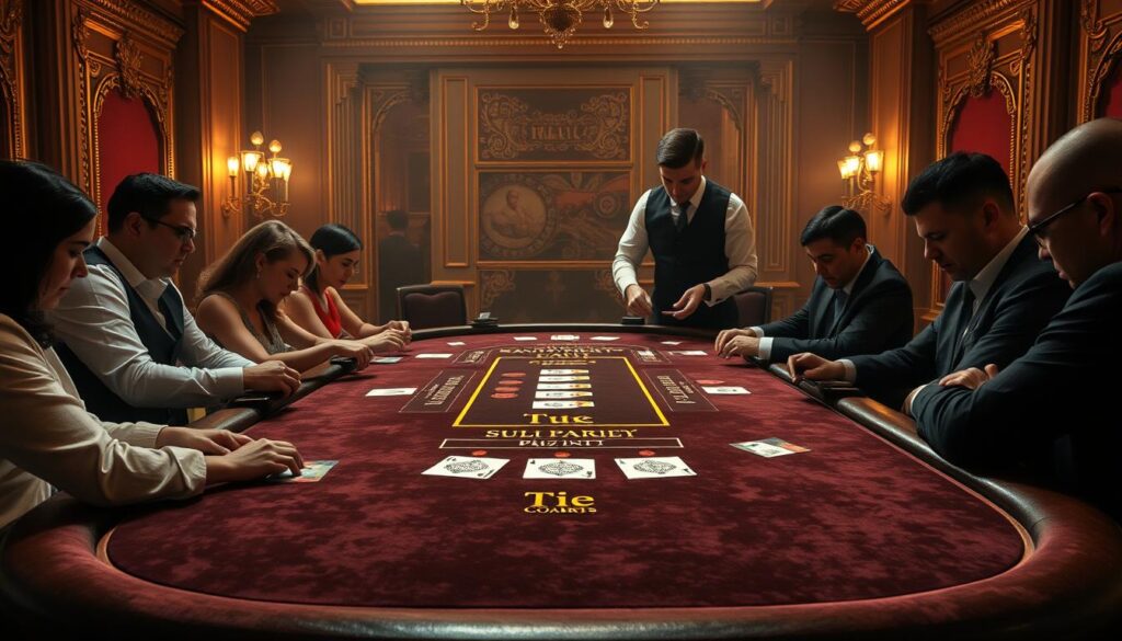 A high-stakes baccarat table set on a plush velvet surface, surrounded by ornate gold-trimmed walls. The table features a felt layout with distinct player and banker areas, along with a discreet area for betting on a tie. The lighting is soft and warm, casting a heightened sense of drama and anticipation. The table is populated by players intently scrutinizing their cards, their faces a mix of concentration and excitement. A dealer in a crisp white shirt and black vest presides over the game, expertly shuffling and dealing the cards. The overall scene evokes the classic elegance and tension of a traditional baccarat gaming hall.