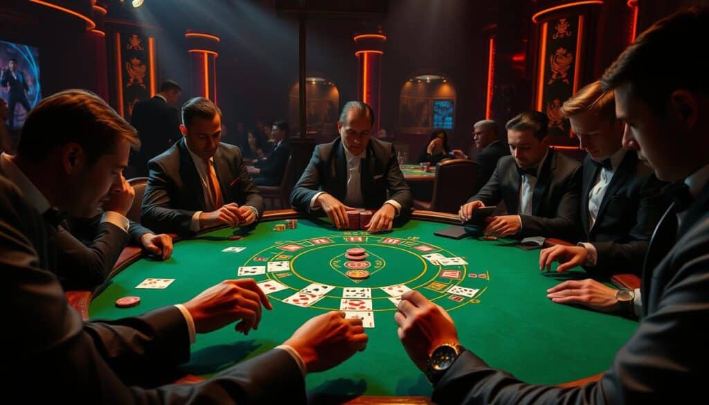 A high-stakes casino gaming table set against a dimly lit, atmospheric backdrop. The table's green felt surface is illuminated by warm, theatrical lighting, casting dramatic shadows. Elegantly dressed players gather around, scrutinizing their cards and chips, as they meticulously calculate their next moves in a strategic game of Baccarat. The dealer, poised and focused, shuffles the deck, anticipating the next round. The scene conveys the tension and anticipation of a high-stakes gaming environment, where skilled players seek to gain the upper hand through careful card counting and betting strategies.