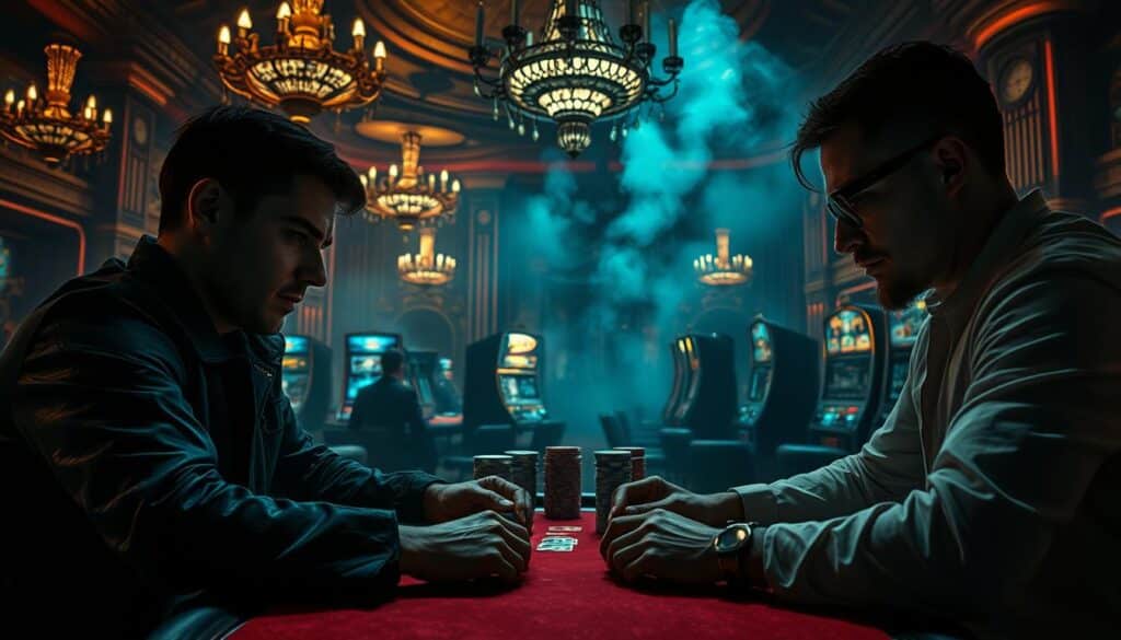 A high-stakes casino interior, dimly lit with a sense of tension and unease. In the foreground, two poker players locked in a silent battle of wits, their faces etched with intense concentration. The middle ground is a haze of cigarette smoke, casting an eerie glow over the gaming tables and slot machines. The background reveals the grandeur of the casino's architecture, ornate chandeliers, and a looming sense of power. The lighting is dramatic, creating deep shadows and stark contrasts, heightening the psychological drama. The overall atmosphere evokes the thrill and risks of the casino experience, where the line between triumph and defeat is razor-thin.