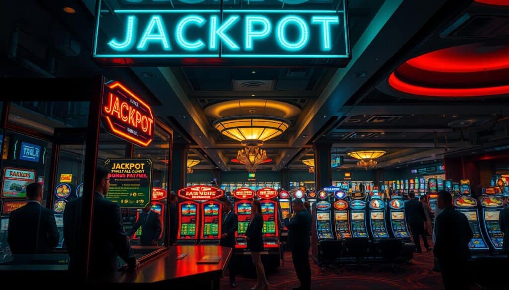 A high-stakes casino interior, dimly lit with moody overhead lighting. In the foreground, a glass-enclosed cashier's booth with a neon "JACKPOT" sign overhead, illuminating the intricate casino bonus payout system displayed on the counter. In the middle ground, well-dressed patrons eagerly awaiting their payouts at the various bonus terminals, expressions equal parts anticipation and excitement. The background reveals the expansive gaming floor, populated with rows of slot machines and gaming tables, all under the watchful gaze of security cameras. The overall atmosphere conveys the thrill and tension of a casino, where fortunes can be won or lost in an instant.
