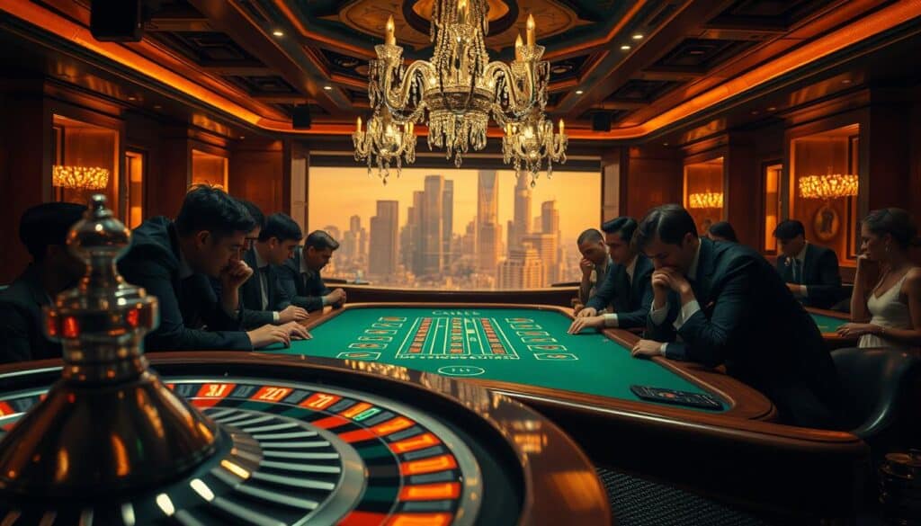 A high-stakes casino interior, dimly lit with warm amber tones. In the foreground, a roulette wheel spins, its metallic spokes gleaming. Surrounding it, players lean in with intense focus, their faces cast in shadows as they contemplate their next strategic move. In the middle ground, a baccarat table is framed by elegant chandeliers, their crystals refracting shimmering light across the green felt. In the background, a hazy skyline of skyscrapers hints at the urban setting, creating a sense of grandeur and possibility. The atmosphere is one of calculated risk, with an undercurrent of excitement and intrigue.