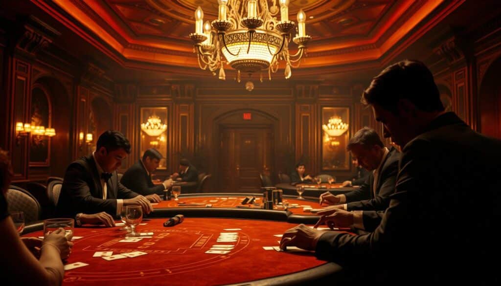 A high-stakes casino interior, dimly lit with warm amber tones. On the felt-covered baccarat tables, players intently study the cards, their faces cast in shadows as they contemplate their next moves. In the background, the faint sounds of clinking glasses and quiet murmurs create an air of intensity and concentration. Overhead, a grand chandelier casts a soft, atmospheric glow, highlighting the ornate architectural details that evoke the elegance and sophistication of a bygone era. The scene conveys the strategic, analytical nature of baccarat, where economic principles and probability calculations guide the players' decisions in pursuit of profitable outcomes.