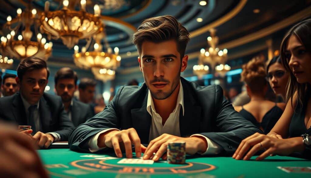 A high-stakes casino scene, with a successful baccarat player at the center of attention. Dramatic lighting casts their face in a warm, intense glow, highlighting their calm yet confident expression as they contemplate their next move. The green baize table is surrounded by onlookers, their expressions a mix of tension and awe, captivated by the player's mastery of the game. In the background, the opulent casino interior is subtly visible, with ornate chandeliers and luxurious decor setting the exclusive, high-stakes atmosphere. The overall mood is one of anticipation and triumph, reflecting the subject's decisive, strategic approach to the popular baccarat game.