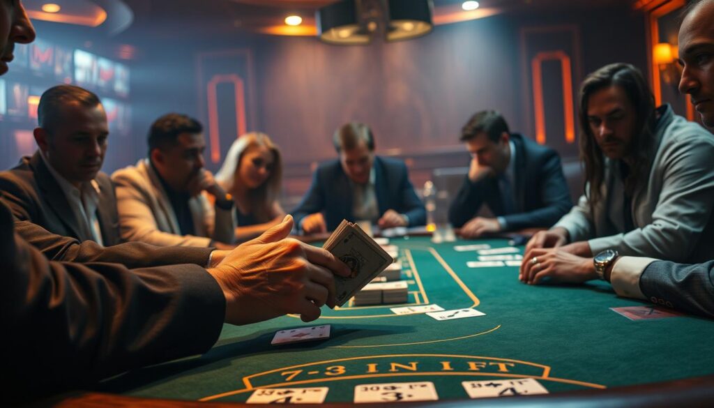 A high-stakes casino table, dimly lit with warm amber hues, centers the frame. Elegant wooden accents and plush green felt evoke an air of sophistication. In the foreground, a dealer's hands deftly shuffle a deck of cards, their movements fluid and practiced. Around the table, players lean in with rapt attention, their expressions a mix of concentration and anticipation. The background is hazy, creating a sense of depth and focus on the pivotal action at the table. Soft shadows add depth and drama, while carefully placed highlights accentuate the key elements. The overall atmosphere is one of strategic gameplay, hushed intensity, and the promise of a winning hand.