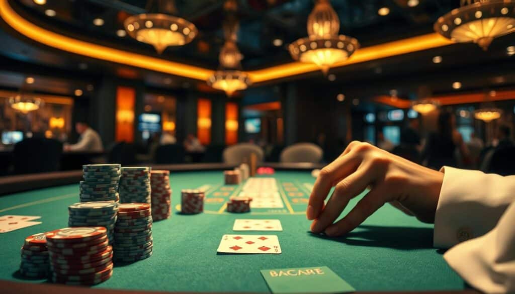 A high-stakes casino table illuminated by warm overhead lighting, the green felt surface inviting players to strategize their moves. Stacks of gleaming casino chips in a variety of denominations are scattered across the table, hinting at the potential rewards of skillful gameplay. In the foreground, a pair of elegant, manicured hands poised over the table, considering their next decisive action in a game of Baccarat, the classic card game of chance and calculated risk. The background is slightly blurred, focusing the viewer's attention on the tension and anticipation of the moment, as the player contemplates the optimal strategy to maximize their winnings.