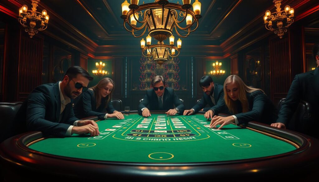 A high-stakes casino table set against a dimly lit, luxurious backdrop. The green baize surface of the baccarat table takes center stage, surrounded by ornate wooden trim and gilded accents that exude an air of sophistication. Elegant chandeliers cast a warm, ambient glow, creating an intimate, exclusive atmosphere. Sleek, well-dressed players lean over the table, intently observing the cards being dealt, their expressions a mix of concentration and anticipation. The scene conveys the allure and excitement of online baccarat, inviting the viewer to delve into the strategic gameplay and potential rewards of this classic casino game.
