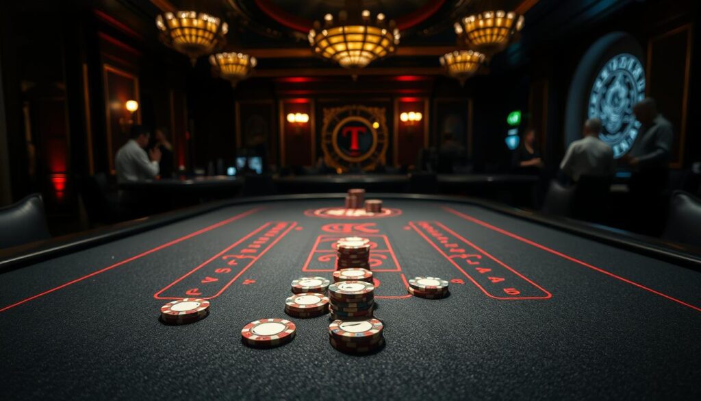 A high-stakes casino table set in a dimly lit, luxurious interior. On the felt surface, casino chips are arranged in a striking Martingale pattern, symbolizing the strategic betting system. The chiaroscuro lighting casts dramatic shadows, creating a sense of tension and anticipation. In the background, the blurred silhouettes of other players and the ornate decor of the casino evoke an atmosphere of high-stakes gambling and sophisticated strategy. The camera angle is slightly elevated, giving the viewer a bird's-eye perspective on the unfolding Martingale tableau.