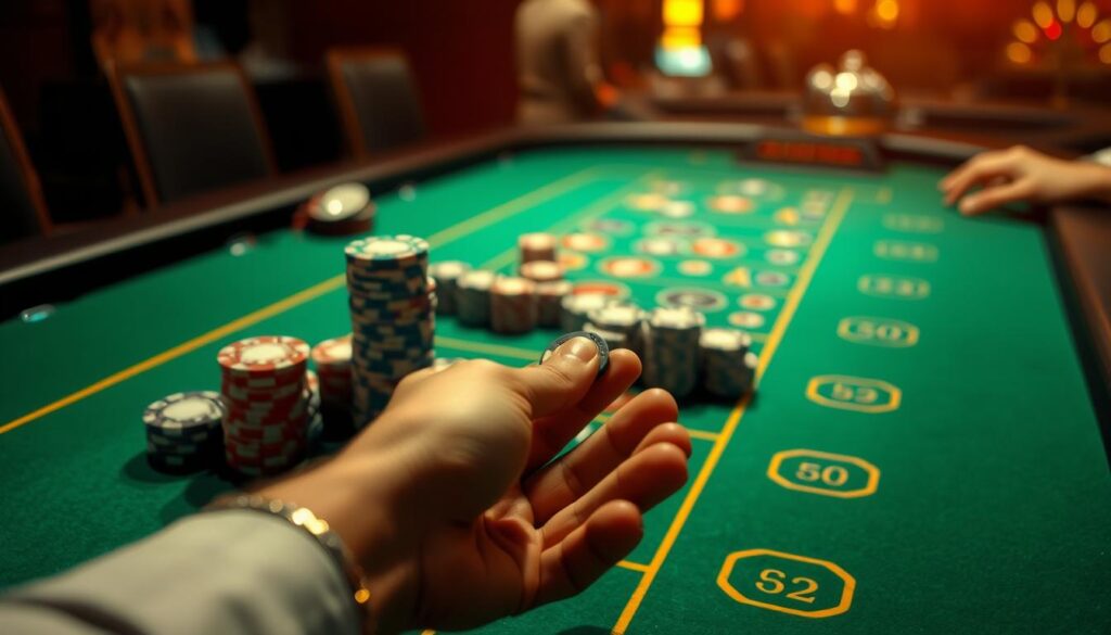 A high-stakes casino table, the green felt surface shimmering under warm, focused lighting. Stacks of casino chips in various denominations are meticulously arranged, representing strategic resource allocation. In the foreground, a hand holds a single chip, poised to make a calculated wager, symbolizing the careful risk management required. The background is blurred, drawing the eye to the central tableau of financial discipline and risk control - the keys to success in the thrilling world of baccarat.