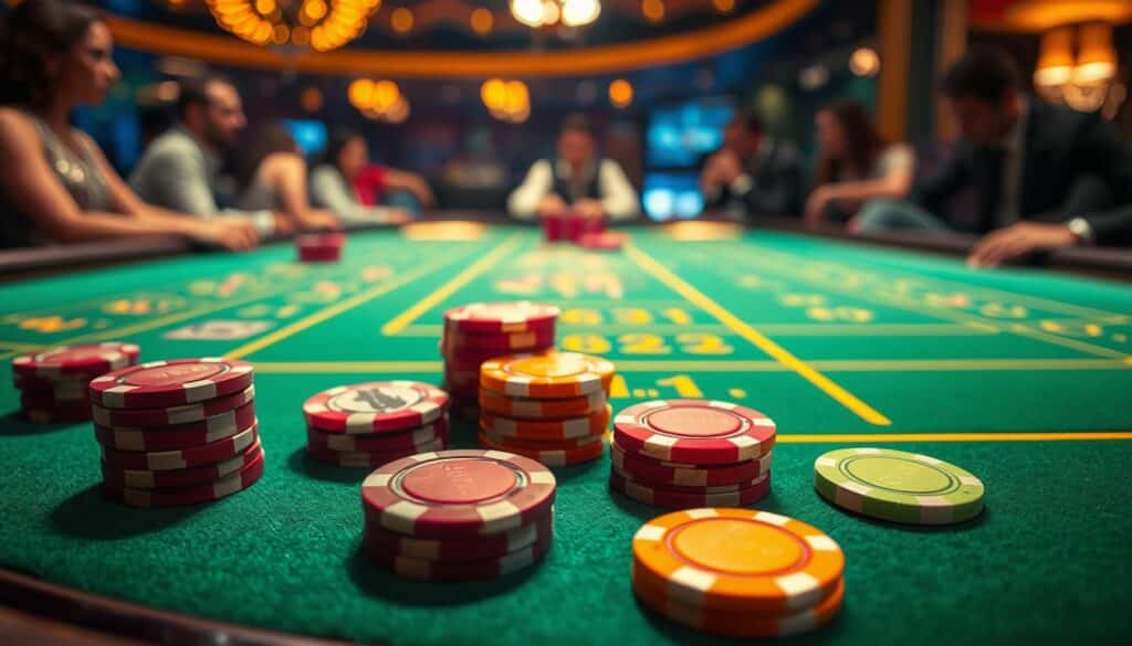 A high-stakes casino table with a gilded edge, showcasing the contrast between high-payout and low-payout betting options. In the foreground, casino chips in vibrant colors represent the different bet types, inviting the viewer to consider their strategy. Illuminated by warm, dramatic lighting, the table's green felt surface creates a sense of depth and anticipation. In the background, blurred figures of players lean in, captivated by the game's unfolding drama. The overall atmosphere evokes the thrill and tension of a high-stakes gaming experience, hinting at the careful calculus required to navigate the choices between high-risk, high-reward and more conservative betting approaches.