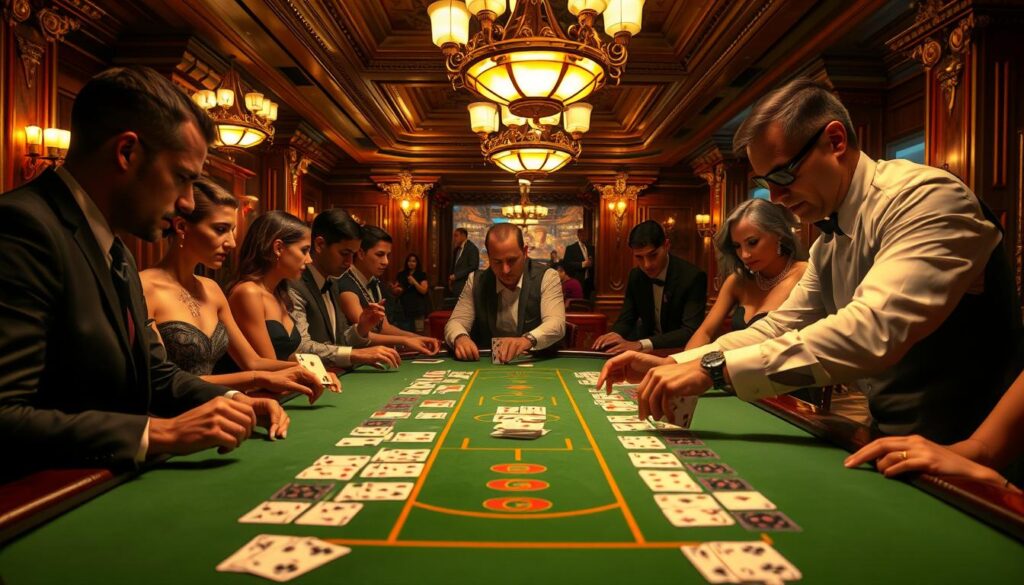A high-stakes game of Baccarat unfolds on a green felt table, bathed in the warm glow of brass chandeliers. Elegant players in evening attire lean in, studying the cards with rapt attention. The dealer, in a crisp white shirt, expertly shuffles and deals, creating a rhythmic dance of probability and chance. The air is thick with anticipation as hands rise and fall, marking bets on the banker, player or tie. Surrounding the table, the ornate decor of a lavish casino sets the stage for this captivating display of skill and fortune. The scene exudes an air of sophistication and excitement, capturing the essence of the iconic Baccarat game.