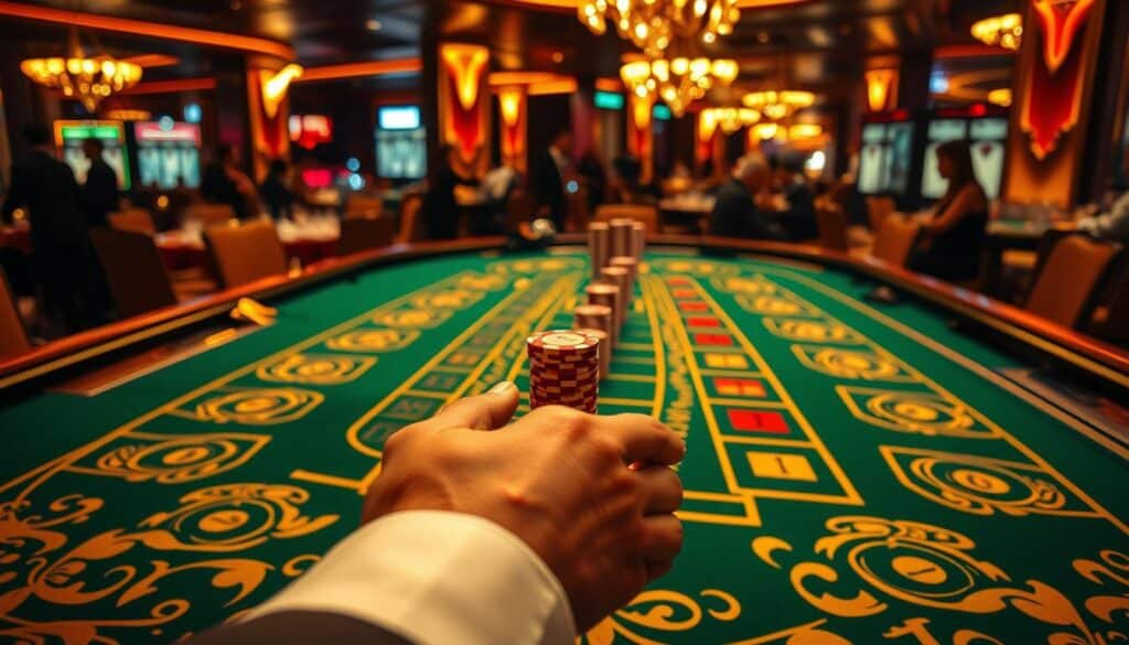 A high-stakes game of Baccarat unfolds on a lavishly decorated casino table, bathed in warm, golden lighting. The green felt surface is adorned with intricate patterns, inviting players to discover the optimal betting strategies. In the foreground, a pair of elegant hands holds a stack of casino chips, poised for the next decisive wager. The background reveals the bustling atmosphere of the casino, with the faint hum of conversation and the subtle clinking of glasses adding to the immersive experience. This captivating scene captures the essence of the thrilling real-life Baccarat gameplay, where skill, strategy, and Lady Luck converge.