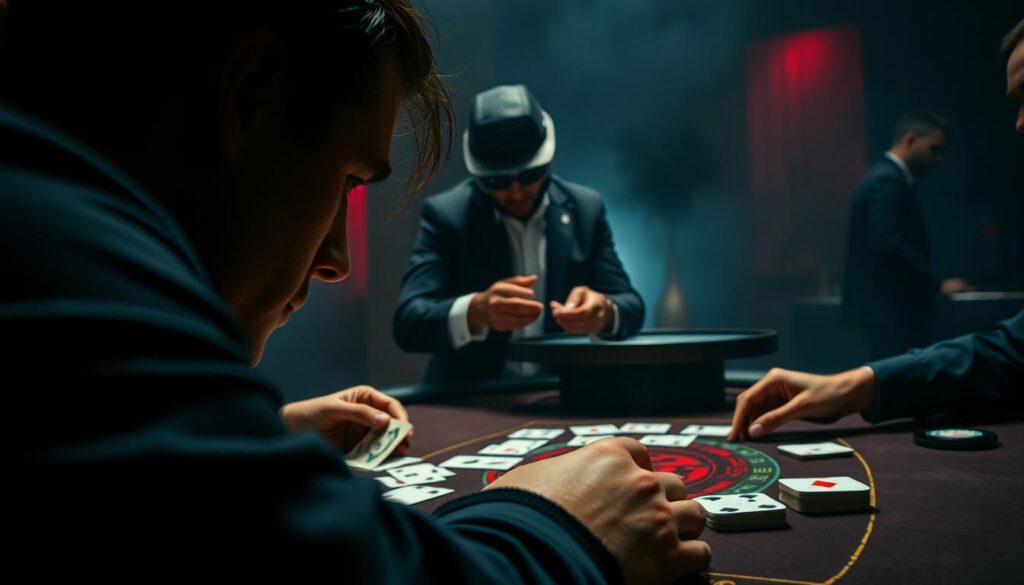 A high-stakes game of baccarat unfolds, the table a canvas of intricate strategy. In the foreground, a player's face is etched with intense focus, their gaze locked on the cards being dealt. The lighting casts dramatic shadows, heightening the tension of the moment. In the middle ground, the dealer's hands move with practiced precision, shuffling the deck with a rhythmic grace. The background is a hazy, atmospheric setting, hinting at the psychological warfare that underpins this game of chance. The air is charged with a sense of calculated risk, where the true victor is the one who masters the art of mental fortitude.