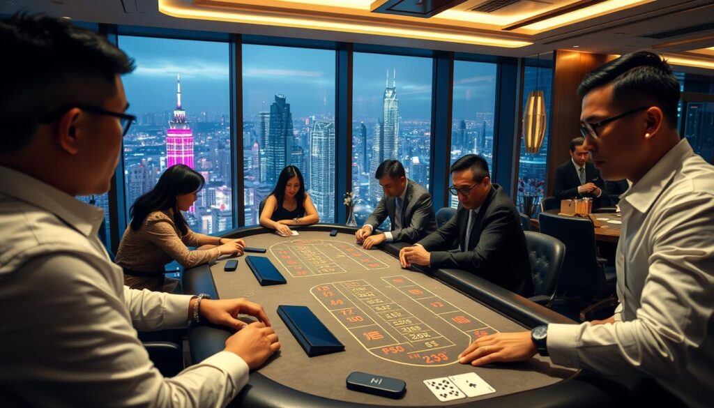 A high-stakes online casino in a modern city skyline, the legality and safety of online gambling services in Taiwan the focal point. A sophisticated, well-lit interior with sleek card tables, elegant decor, and subtle security measures. Sophisticated patrons engaged in a game of baccarat, the atmosphere tense yet refined. Soft lighting casts a warm glow, while floor-to-ceiling windows offer a panoramic view of the bustling metropolis beyond. The scene exudes an air of luxury and exclusivity, hinting at the delicate balance between entertainment and regulation in the world of Taiwanese online casinos.
