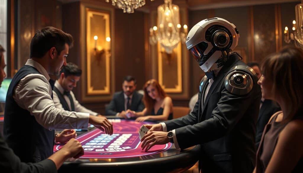 A highly detailed, dramatic scene showcasing the contrast between a live casino dealer and an automated card dealing machine in an elegant, luxurious online casino environment. In the foreground, a well-dressed, charismatic human croupier gracefully deals cards to sophisticated players, their faces alight with anticipation. In the background, a state-of-the-art robotic card dealer precisely and efficiently dispenses cards onto a sleek, illuminated gaming table, its movements efficient and mechanical. Lighting is soft and warm, creating a sense of sophistication, while strategic shadows and highlights emphasize the human dealer's fluid motions versus the machine's rigid precision. The scene evokes the unique atmosphere and excitement of a high-end online casino, contrasting the personal touch of a live dealer with the speed and dependability of automated gameplay.