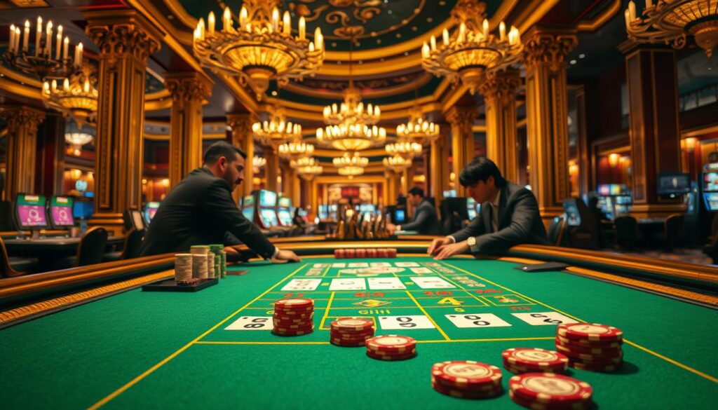 A highly detailed, photorealistic image of the core elements of the baccarat gaming experience. The foreground features the iconic baccarat table, with its green felt surface, gold trim, and rows of casino chips in various denominations. In the middle ground, the image captures the tension and excitement of the game, with the dealer's hands dealing cards and the players intensely focused on the outcome. The background showcases the luxurious and opulent ambiance of a high-end casino, with ornate chandeliers, gilded columns, and a panoramic view of the gaming floor. The lighting is warm and dramatic, creating a sense of glamour and sophistication. The overall composition and attention to detail convey the core elements that define the baccarat gaming experience.