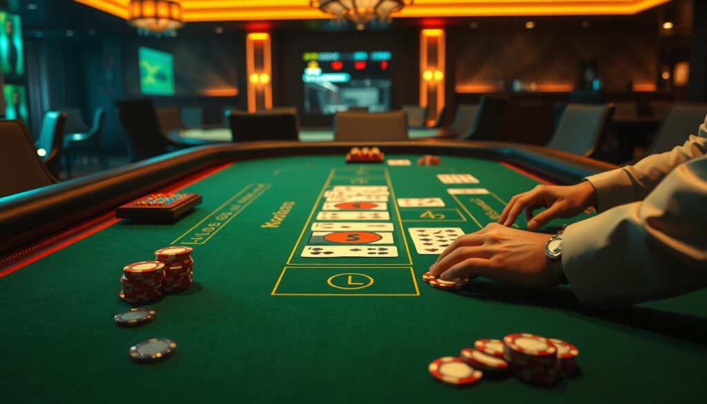 A highly detailed, realistic illustration of the rules and gameplay of the casino game Baccarat. The image depicts a green felt Baccarat table in a high-end casino setting, with a focused close-up view of the table layout, chips, and dealer's hands dealing the cards. The lighting is warm and muted, creating a sophisticated, immersive atmosphere. The camera angle is slightly elevated, providing a clear, comprehensive view of the table's key elements. The overall composition emphasizes the elegance and precision of the Baccarat experience, with careful attention to the game's specific mechanics and visual cues.