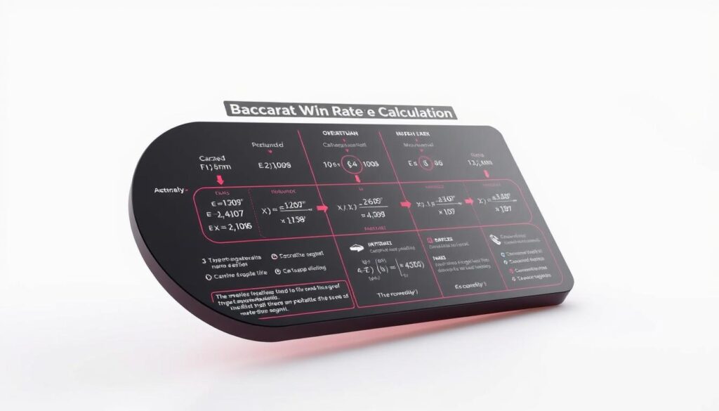 A highly detailed, three-dimensional illustration of a comprehensive "Baccarat Win Rate Calculation" diagram, presented against a clean, minimalist background. The diagram should feature a clear, step-by-step breakdown of the mathematical formulas and statistical principles used to analyze and predict the probability of winning in Baccarat, with precise numerical values and elegant visual cues. The lighting should be soft and even, creating a sense of clarity and focus on the analytical content. The camera angle should be slightly elevated, giving the viewer a birds-eye perspective on the diagram, emphasizing its educational and informative nature. The overall mood should be one of scholarly precision and analytical rigor, reflecting the subject matter of the accompanying article.