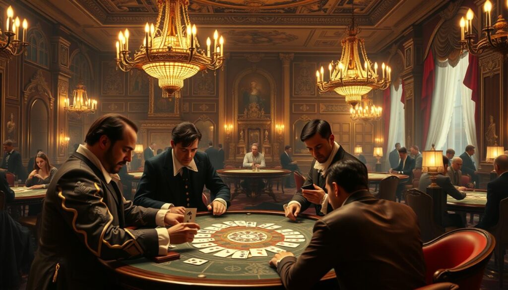 A historical scene of the origins and evolution of baccarat, the classic casino card game. In the foreground, gentlemen in 17th-century attire are gathered around a gaming table, intently studying their cards. The middle ground depicts the opulent interiors of an old European casino, with ornate chandeliers and gilded decor. In the background, a montage of baccarat gameplay through the ages, from aristocratic salons to modern-day high-stakes tables, showcasing the game's enduring legacy. Soft, warm lighting filters through the scene, conveying an atmosphere of tradition, elegance, and the thrill of the cards. An artistic, meticulously detailed portrayal of baccarat's captivating history.