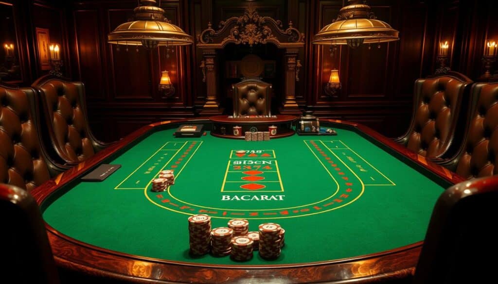 A intricate table setup for the classic casino game of Baccarat, with a bold green felt surface and polished wooden edges. The dealer's station is positioned centrally, adorned with ornate detailing. Antique-style brass lamps cast a warm glow, illuminating the scene. Rows of casino chips in various denominations are neatly stacked, hinting at the high-stakes nature of the game. The background is dimly lit, conveying an air of exclusivity and sophistication. Elegant, high-backed chairs surround the table, setting the stage for a masterful display of Baccarat strategy and skill.