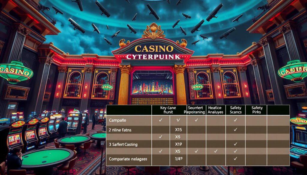 A large casino facade, its grand entrance adorned with ornate columns and neon lights, stands imposing against a night sky. Inside, the gaming floor is a kaleidoscope of green felt tables, flashing slot machines, and well-dressed patrons. Overhead, security cameras vigilantly monitor the proceedings, while discreet bouncers maintain order. The atmosphere exudes a sense of sophisticated risk-taking, with each table and machine representing a different level of security and safety protocols. In the foreground, a comparative analysis chart highlights the key safety features of the casino, allowing users to assess the relative merits of various online gaming platforms.