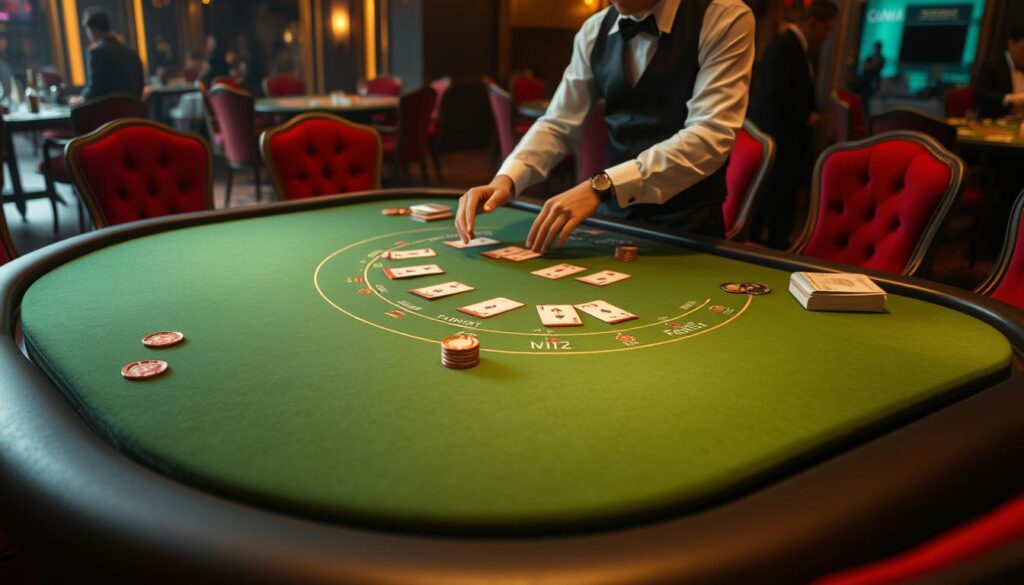 A large green baize table with a curved edge, surrounded by plush red velvet chairs. A dealer in a crisp white shirt and black vest deals cards deftly, their hands moving with practiced precision. Soft, warm lighting casts a golden glow, creating an inviting atmosphere. The table is adorned with simple yet elegant chips and markers, each with a distinct pattern. In the background, the faint sounds of a casino chatter can be heard, adding to the immersive experience. This tableau captures the essence of the basic rules and setup of the classic casino game, Baccarat.