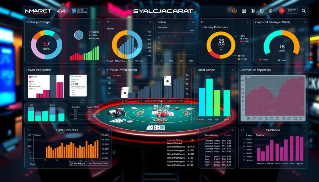 A large, interactive digital dashboard displays key metrics and analytics for online baccarat games. In the foreground, various charts, graphs, and infographics present data on player behavior, game performance, and recommended strategies. The middle ground features a realistic 3D rendering of a baccarat table, with cards, chips, and dealers in motion. The background shows a blurred cityscape, hinting at the thriving online gambling industry. The overall scene conveys a sense of data-driven decision making, expert analysis, and the sophistication of modern baccarat gaming.
