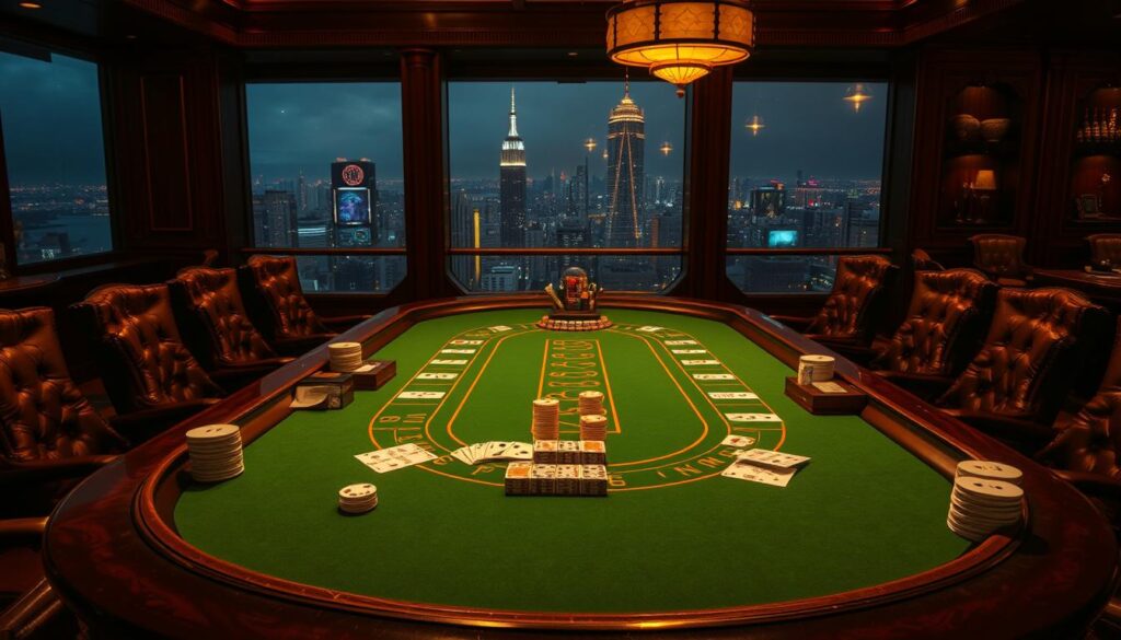A large ornate wooden table in a dimly lit casino lounge, the green felt surface of a baccarat table taking up the center. Stacks of casino chips, dice, and playing cards are neatly arranged around the edges. The table is surrounded by plush leather chairs, creating an atmosphere of exclusivity and sophistication. Warm lighting casts a golden glow, highlighting the rich textures and details of the scene. In the background, a panoramic window offers a glimpse of the bustling city outside, creating a sense of contrast between the private, intimate gaming experience and the vibrant urban landscape beyond.